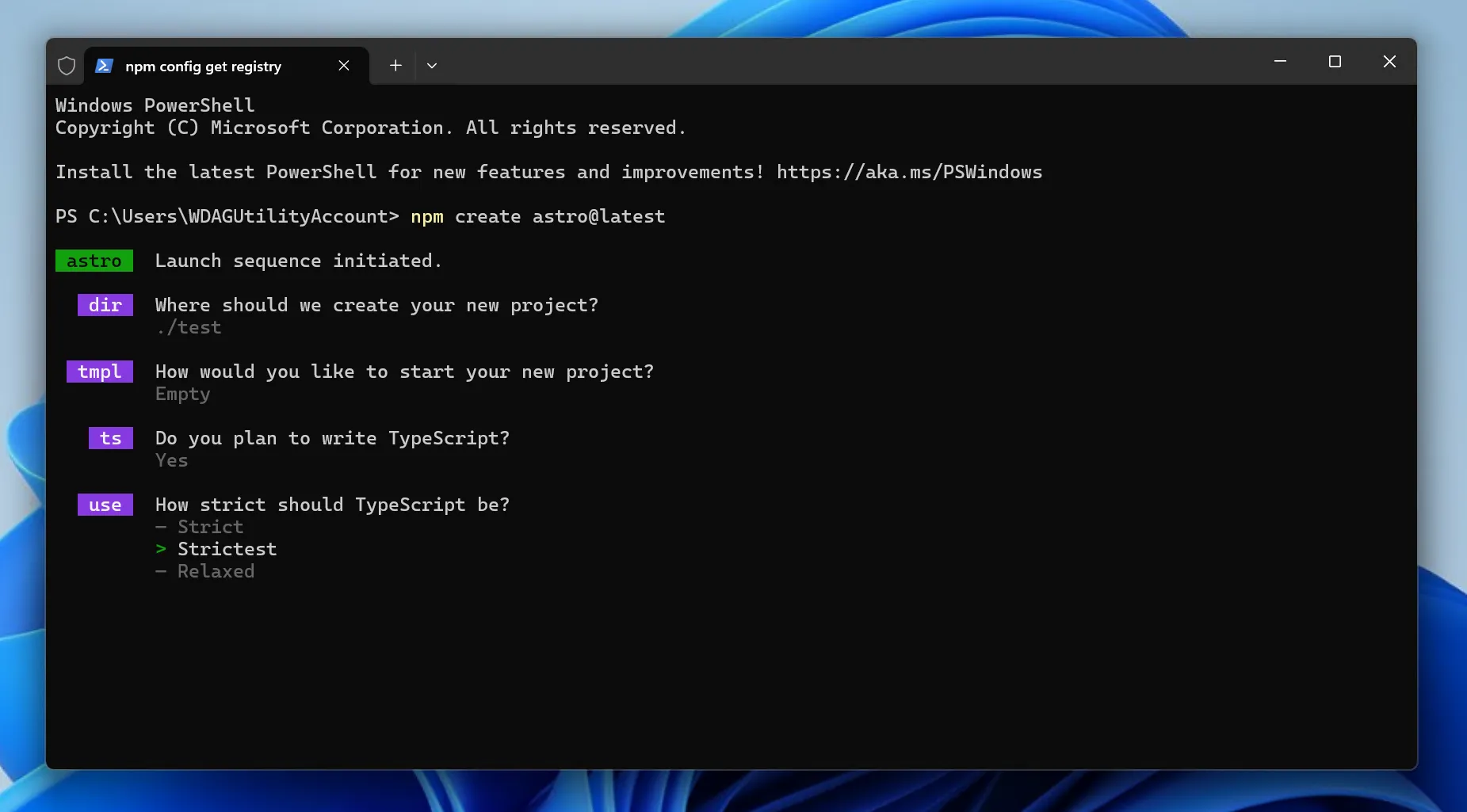Windows Terminalで［npm create astro@latest］を実行した画面のスクリーンショット
