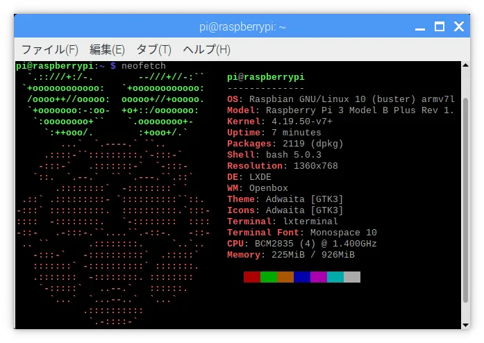 Raspberry Piの情報が表示された画面